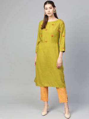 Green Colored Yoke Design Viscose Rayon Straight Kurti 1