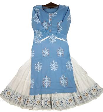 Royal Blue Colored Sharara Pattern Kurti Along With White Skirt 1