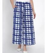 women blue and white abstract print flared relaxed pants