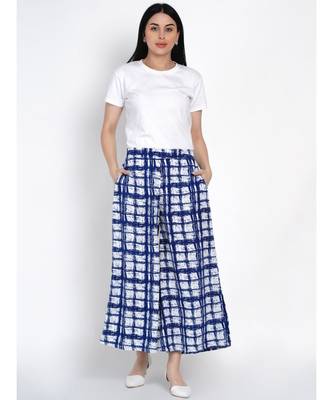 women blue and white abstract print flared relaxed pants 5