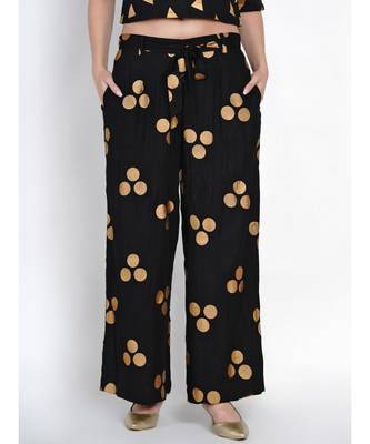 women black rayon loose fit pant - palazzo with gold foil with belt 1