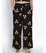 women black rayon loose fit pant - palazzo with gold foil with belt