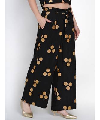 women black rayon loose fit pant - palazzo with gold foil with belt 3