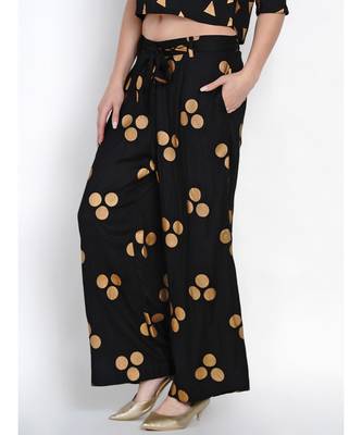 women black rayon loose fit pant - palazzo with gold foil with belt 4