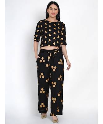 women black rayon loose fit pant - palazzo with gold foil with belt 5