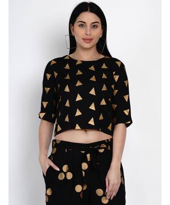 women black rayon crop top with gold foil print 1