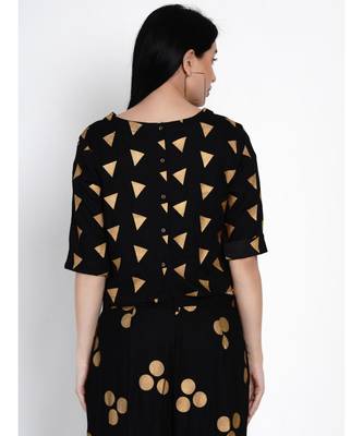 women black rayon crop top with gold foil print 2