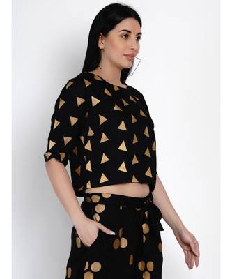 women black rayon crop top with gold foil print 3