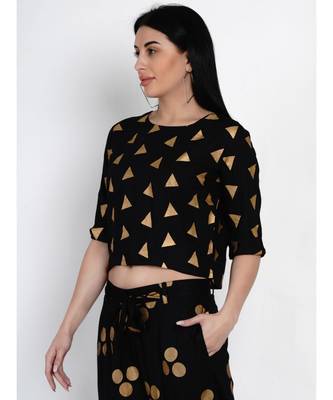 women black rayon crop top with gold foil print 4