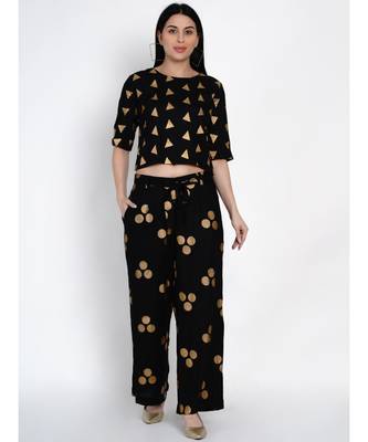 women black rayon crop top with gold foil print 5