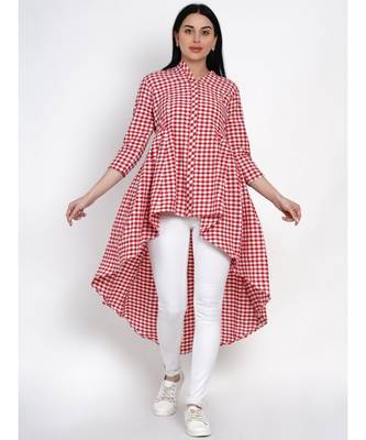 womens handloom cotton red and white check assymterical hem long tunic 1