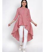 womens handloom cotton red and white check assymterical hem long tunic