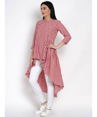 womens handloom cotton red and white check assymterical hem long tunic 2