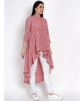 womens handloom cotton red and white check assymterical hem long tunic 3