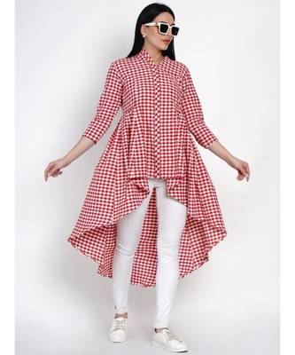 womens handloom cotton red and white check assymterical hem long tunic 4