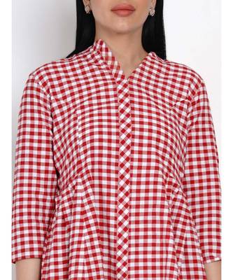 womens handloom cotton red and white check assymterical hem long tunic 5
