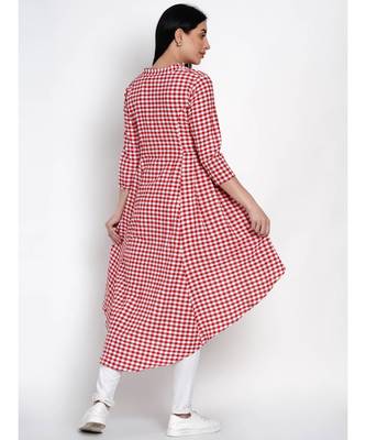 womens handloom cotton red and white check assymterical hem long tunic 6