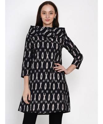 women cotton black ikkat print cowl neck long tunic 1