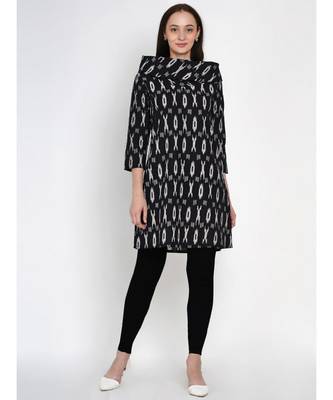 women cotton black ikkat print cowl neck long tunic 2