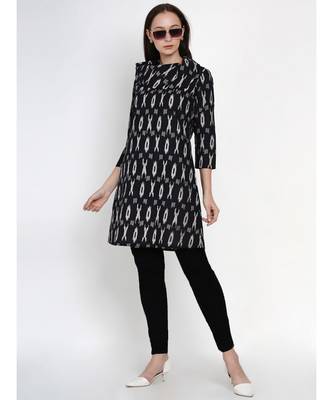 women cotton black ikkat print cowl neck long tunic 3
