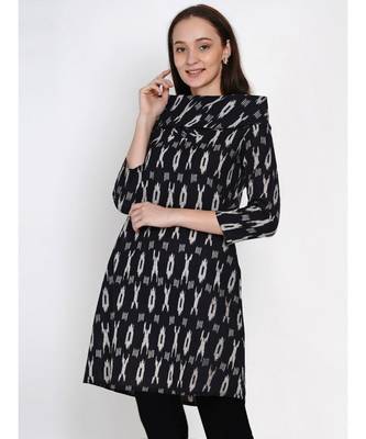 women cotton black ikkat print cowl neck long tunic 4