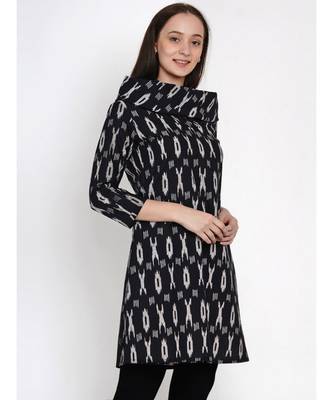 women cotton black ikkat print cowl neck long tunic 5