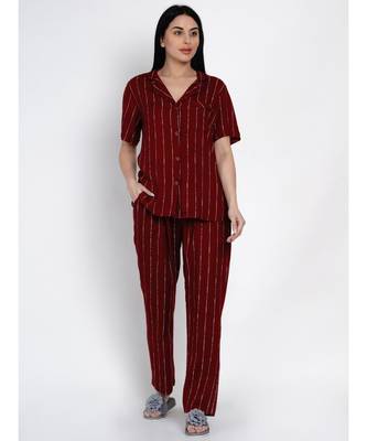 womens rayon maroon stripe lounge wear night suit 1