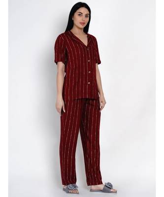 womens rayon maroon stripe lounge wear night suit 2