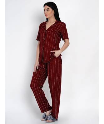 womens rayon maroon stripe lounge wear night suit 3