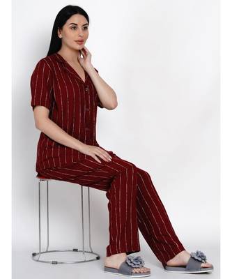 womens rayon maroon stripe lounge wear night suit 4