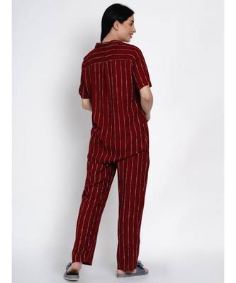 womens rayon maroon stripe lounge wear night suit 5