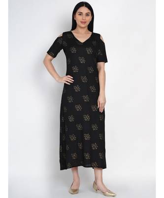women black rayon cold shoulder dress with foil print 1