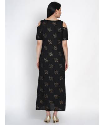 women black rayon cold shoulder dress with foil print 2