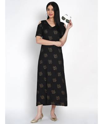 women black rayon cold shoulder dress with foil print 5