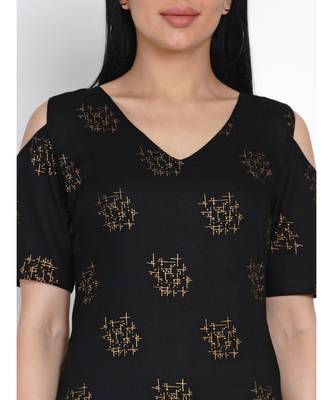 women black rayon cold shoulder dress with foil print 6