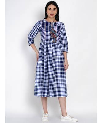 women handloom cotton blue and white check dress with pintuck at yoke and colourfull tassle 1