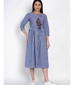 women handloom cotton blue and white check dress with pintuck at yoke and colourfull tassle