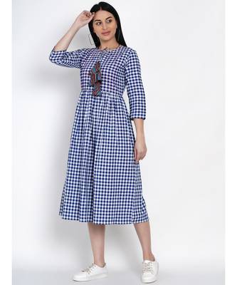 women handloom cotton blue and white check dress with pintuck at yoke and colourfull tassle 2