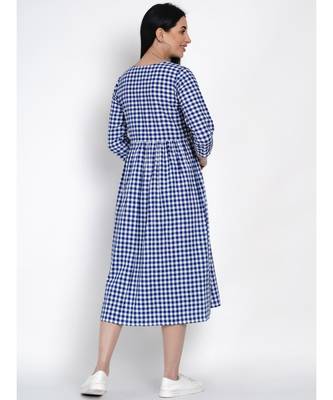 women handloom cotton blue and white check dress with pintuck at yoke and colourfull tassle 5