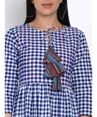 women handloom cotton blue and white check dress with pintuck at yoke and colourfull tassle 6