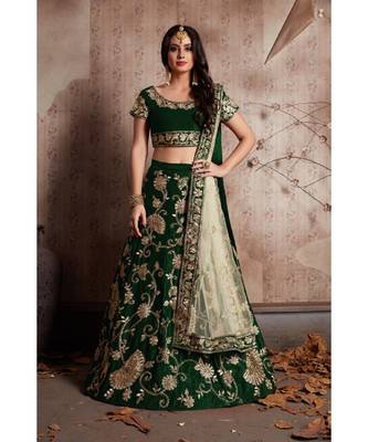 Green Zari And Sequins Embroidered Velvet Semi Stitched Lehenga Choli With Dupatta 1
