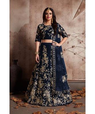 BLUE Zari And Sequins Embroidered Velvet Semi Stitched Lehenga Choli With Dupatta 1