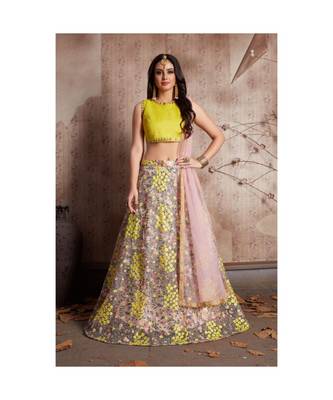 Yellow Soft Net Embroidered Semi Stitched Lehenga With Unstitched Blouse & Dupatta 1