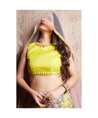 Yellow Soft Net Embroidered Semi Stitched Lehenga With Unstitched Blouse & Dupatta 2