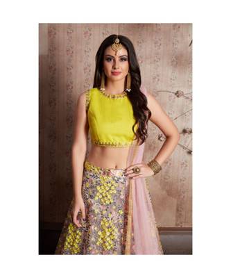 Yellow Soft Net Embroidered Semi Stitched Lehenga With Unstitched Blouse & Dupatta 3