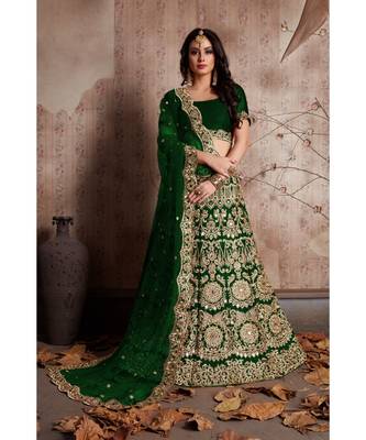 Green Embroidered Velvet Unstitched Lehenga With Blouse 1
