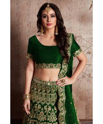 Green Embroidered Velvet Unstitched Lehenga With Blouse 2