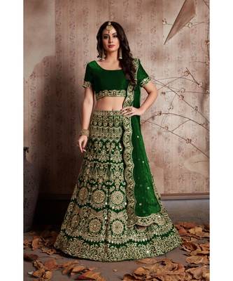 Green Embroidered Velvet Unstitched Lehenga With Blouse 3
