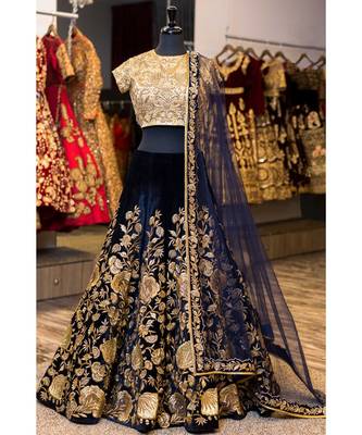 BLUE Embroidered Velvet Unstitched Lehenga 1