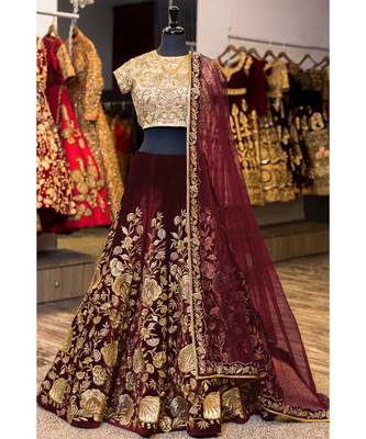 Maroon Embroidered Velvet Unstitched Lehenga 1